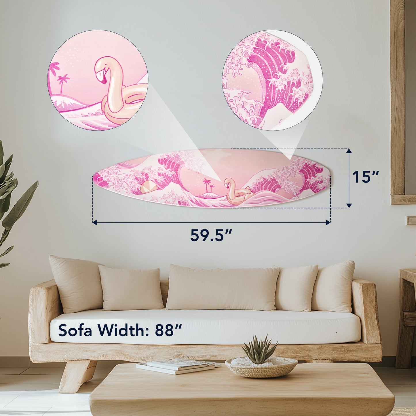 Surfboard - Pink Flamingo & Beachball Wall Art Decor