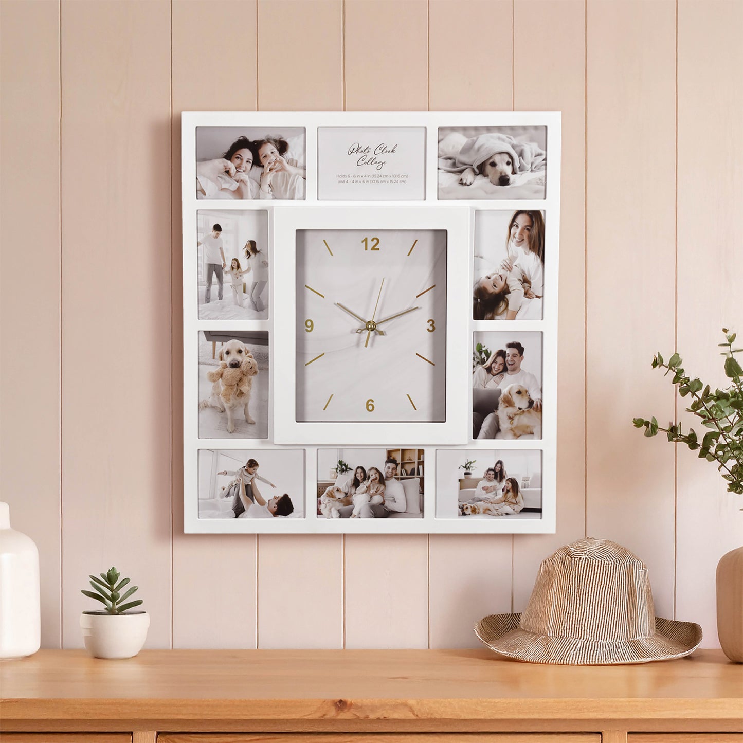 Picture Frame Collage Wall Clock 10 Photo Display Slots White