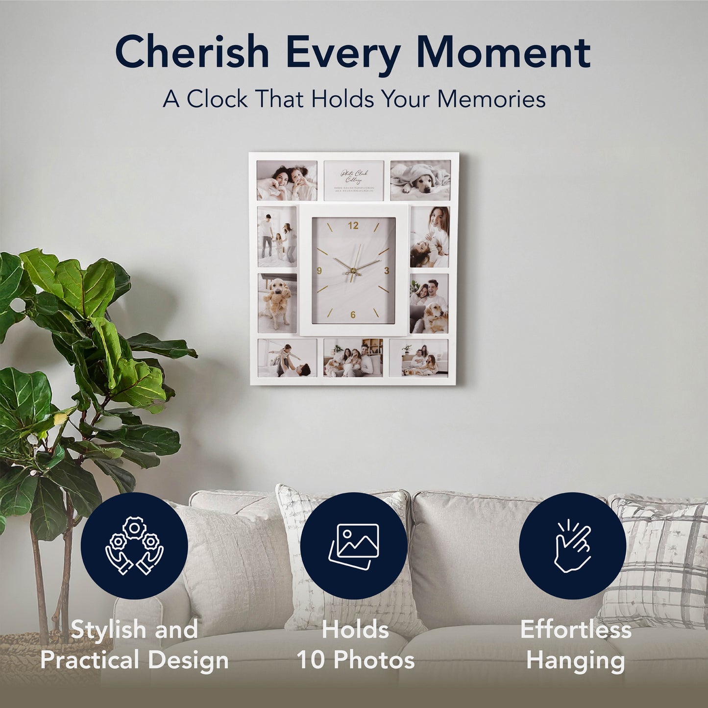 Picture Frame Collage Wall Clock 10 Photo Display Slots White