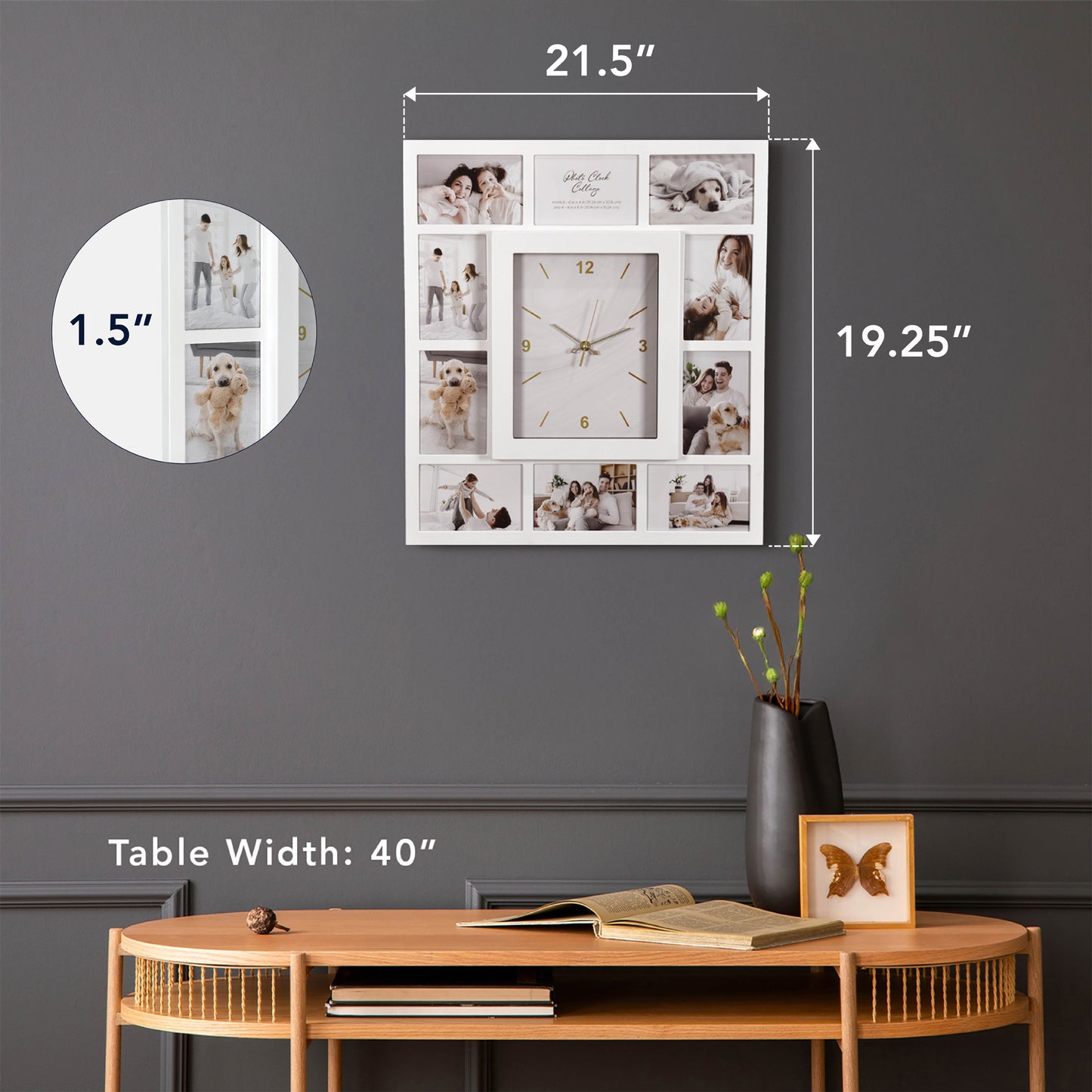 Picture Frame Collage Wall Clock 10 Photo Display Slots White