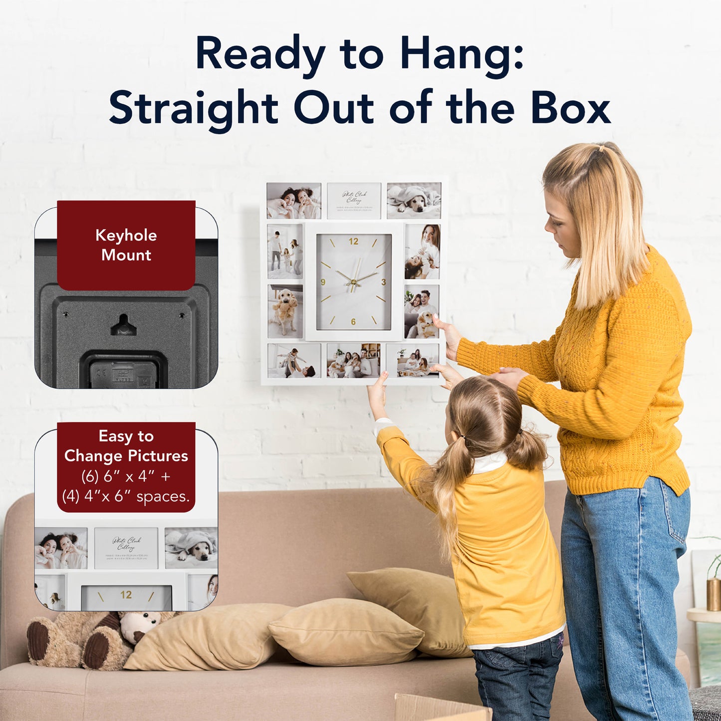 Picture Frame Collage Wall Clock 10 Photo Display Slots White