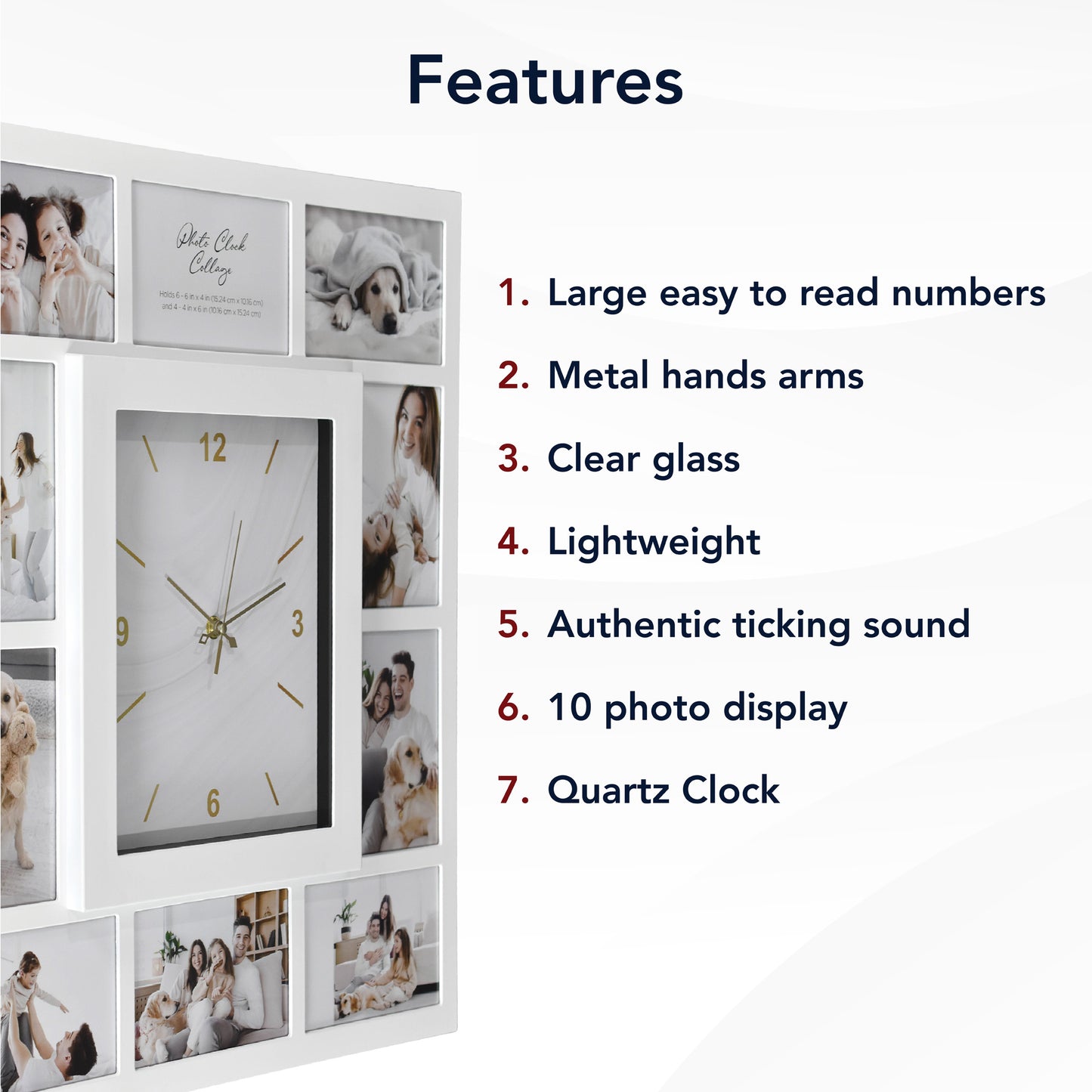 Picture Frame Collage Wall Clock 10 Photo Display Slots White