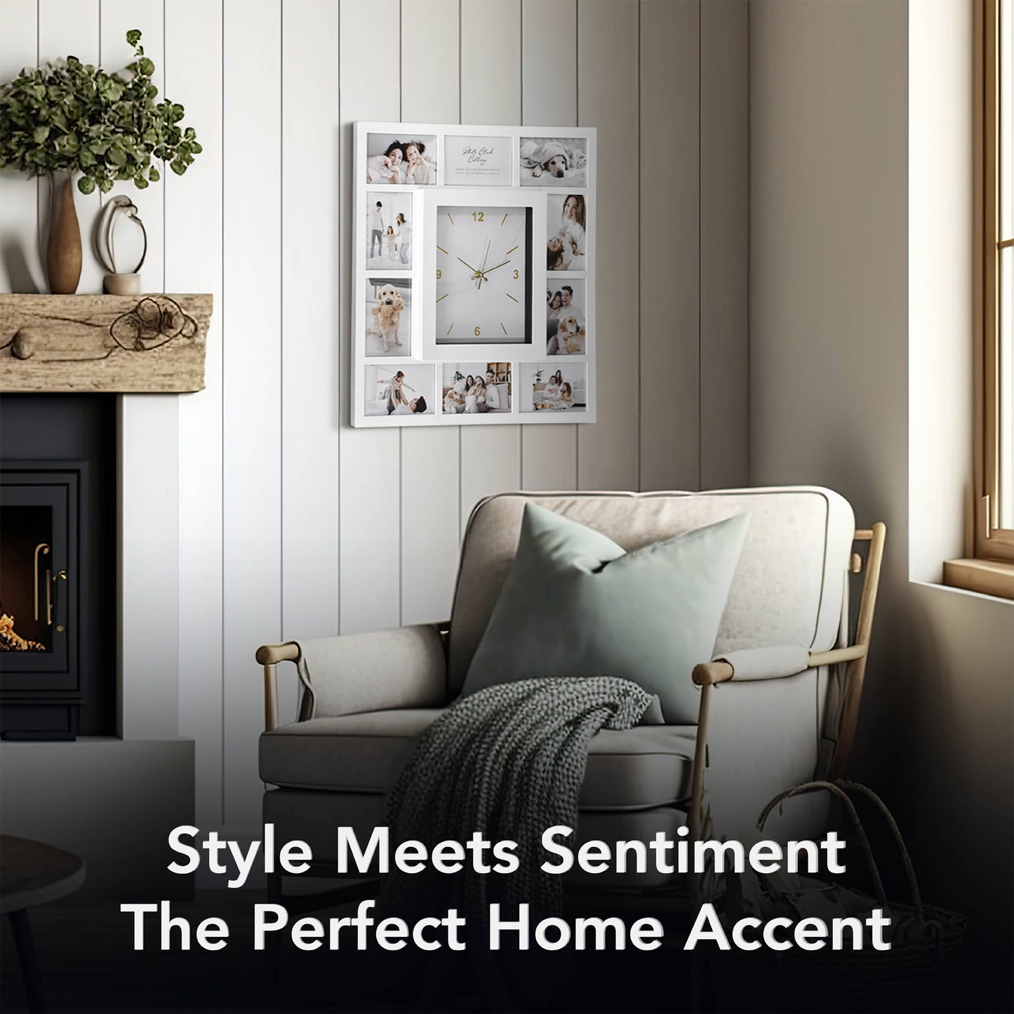 Picture Frame Collage Wall Clock 10 Photo Display Slots White