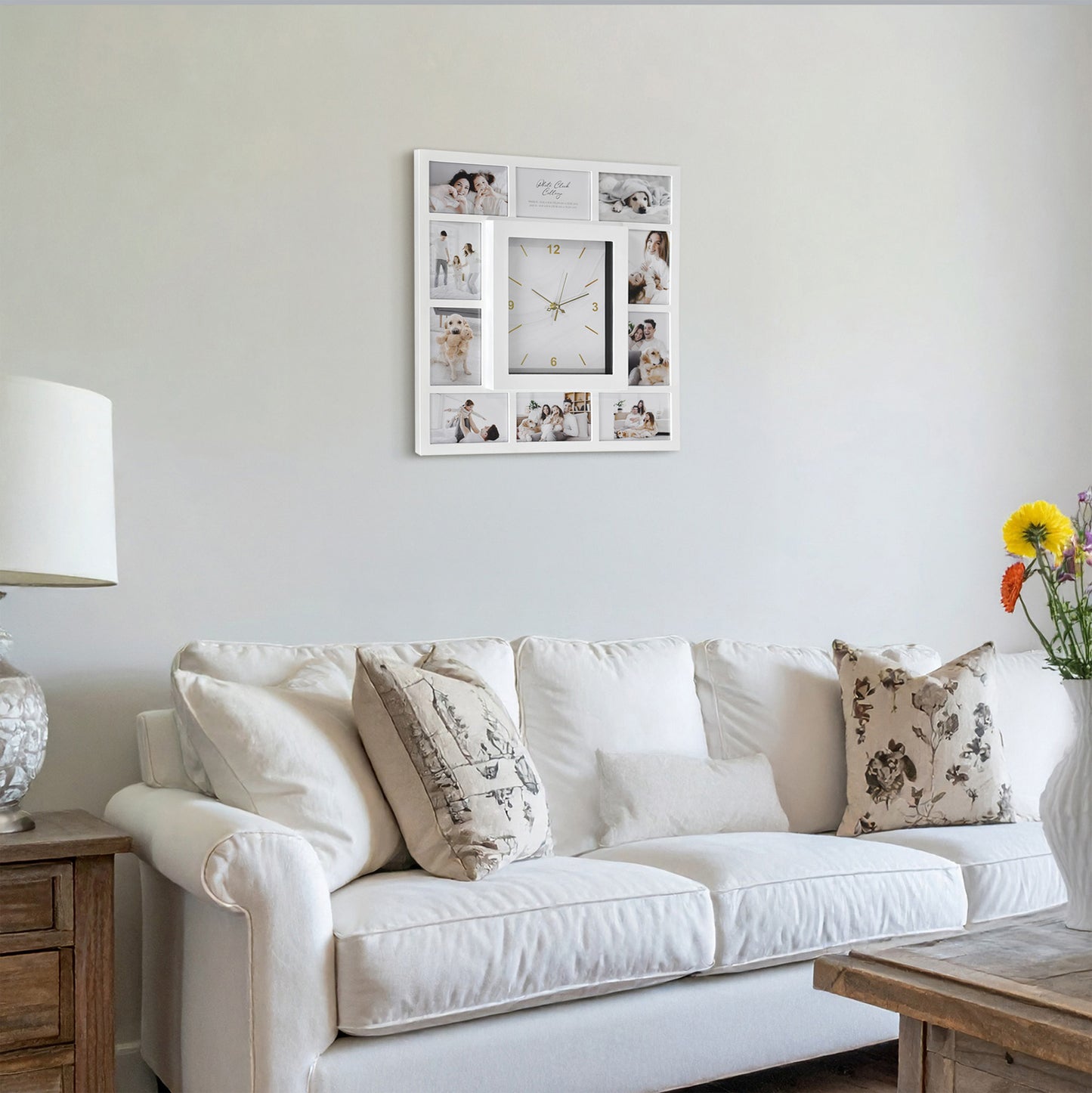Picture Frame Collage Wall Clock 10 Photo Display Slots White