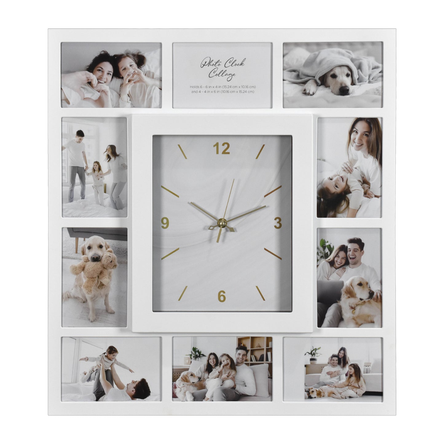 Picture Frame Collage Wall Clock 10 Photo Display Slots White