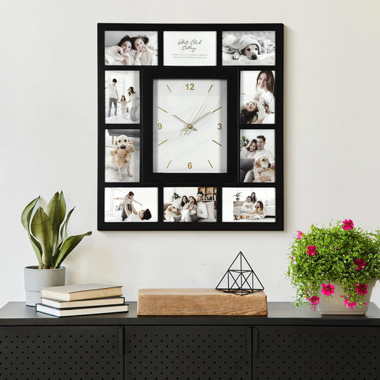 Picture Frame Collage Wall Clock 10 Photo Display Slots Black