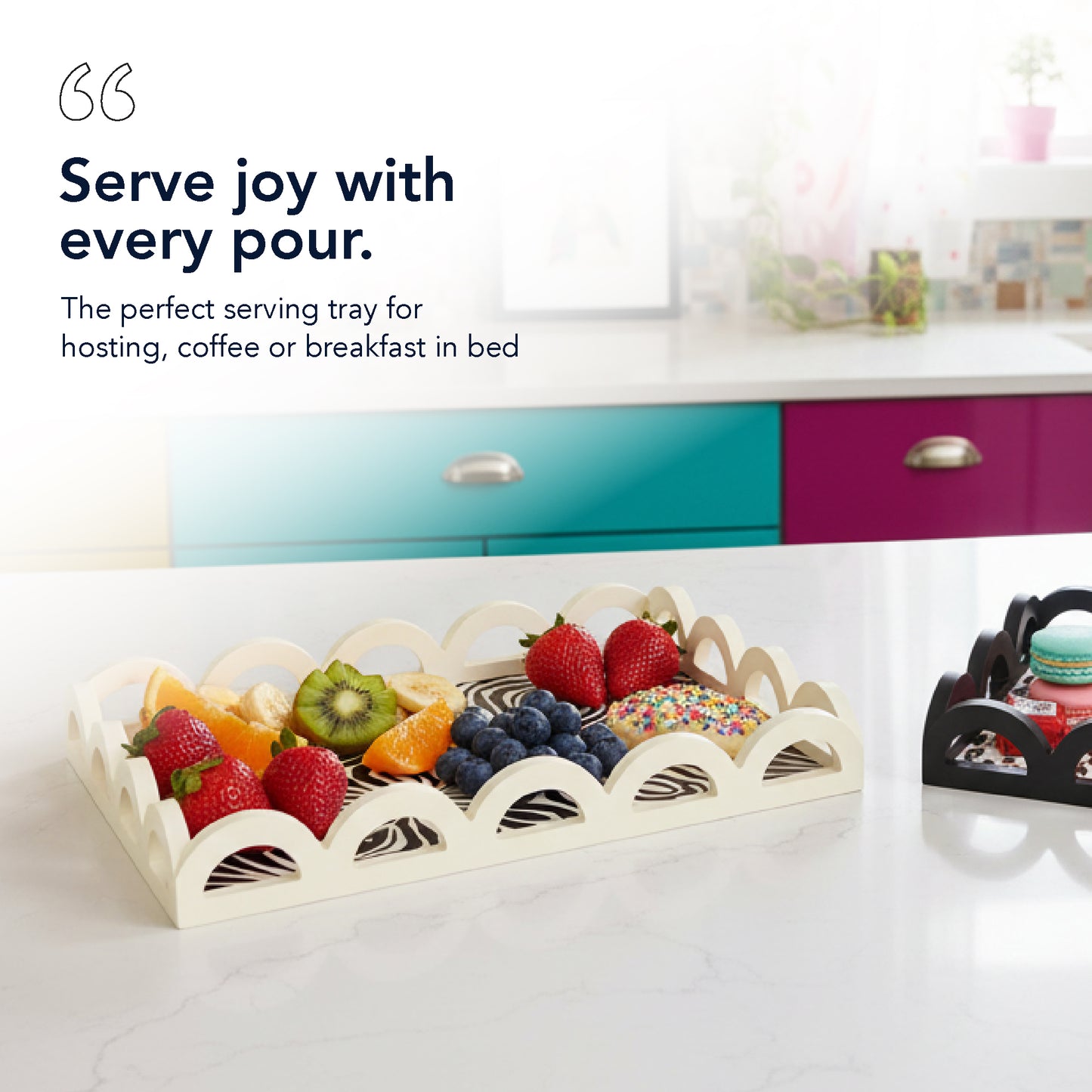 2-piece scalloped rectangle serving tray set with leopard and zebra print design, MDF decorative trays for serving food, drinks, charcuterie, and organizing coffee table or vanity