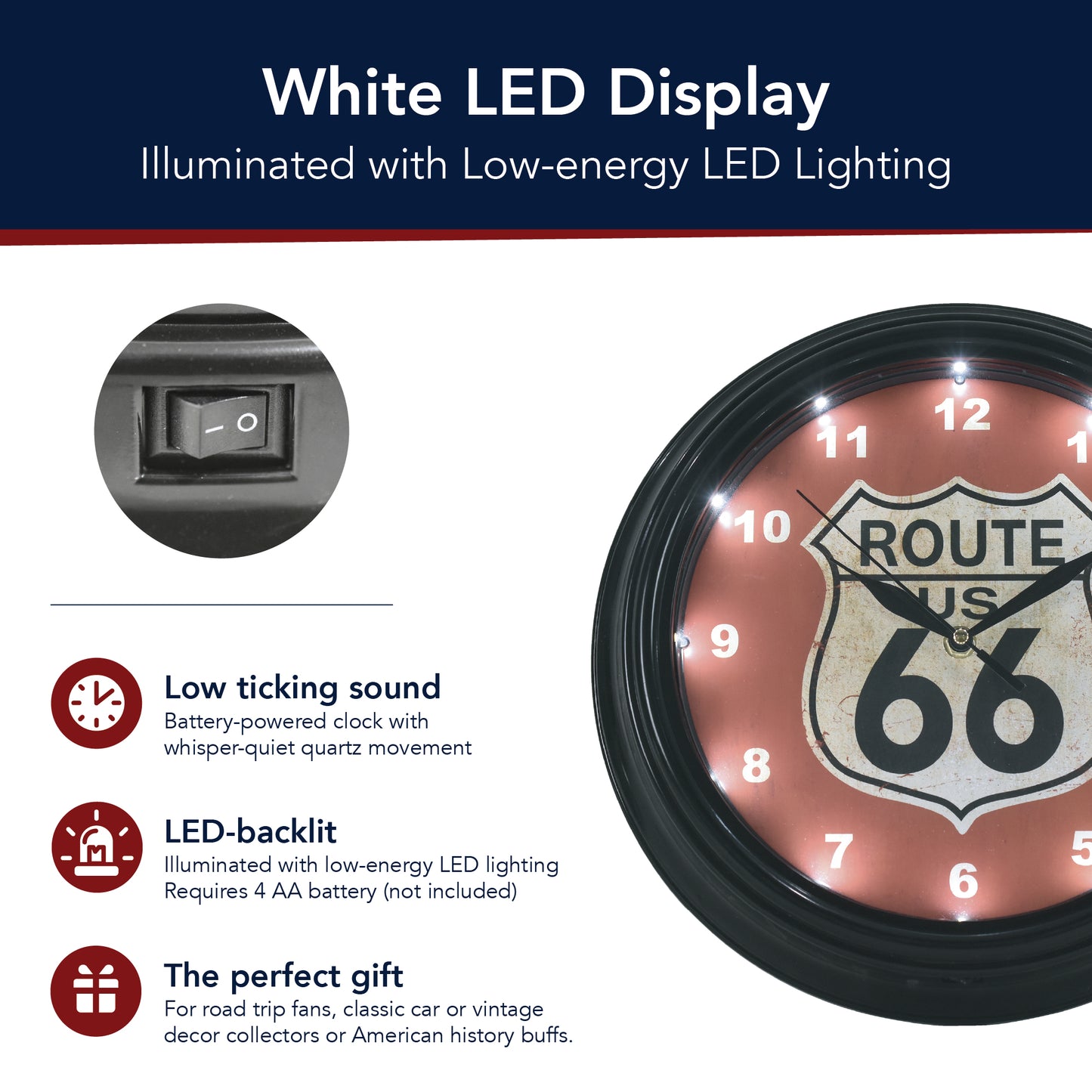 Route 66 LED Wall Clock - Vintage Shield Modern Decor 12"