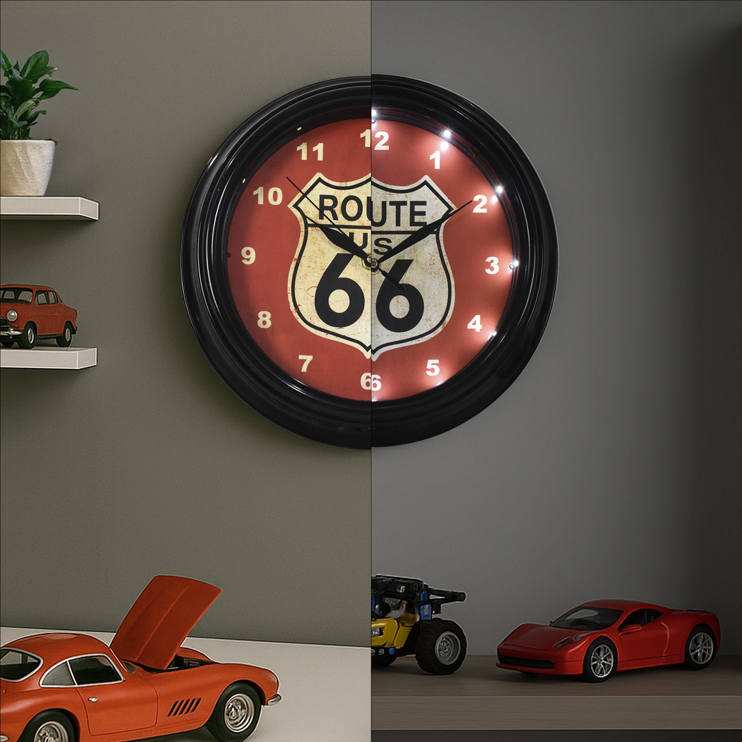 Route 66 LED Wall Clock - Vintage Shield Modern Decor 12"