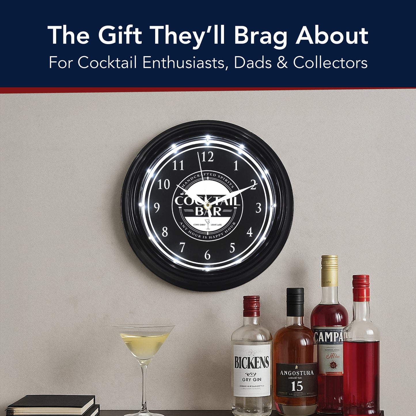 Cocktail Bar LED Wall Clock - Happy Hour Bar-Themed Home Decor 12"