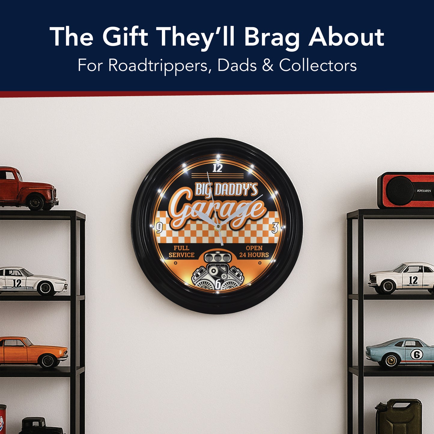 Big Daddy’s Garage LED Vintage Wall Clock - Retro Garage Decor 12"