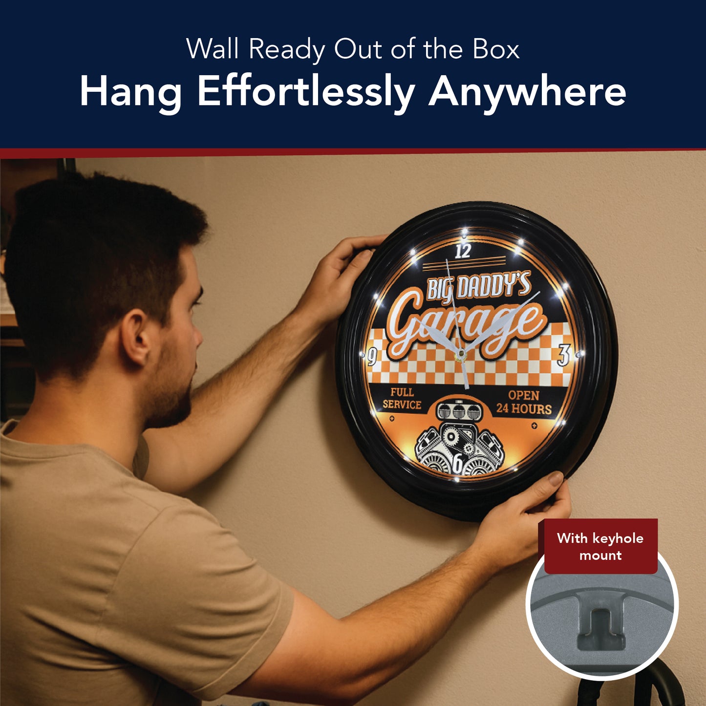 Big Daddy’s Garage LED Vintage Wall Clock - Retro Garage Decor 12"