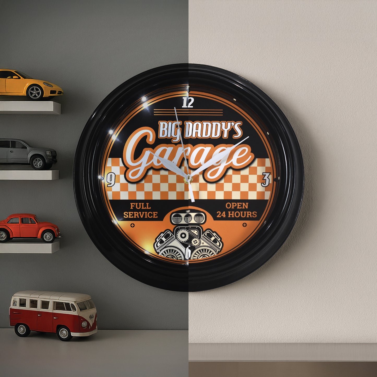 Big Daddy’s Garage LED Vintage Wall Clock - Retro Garage Decor 12"