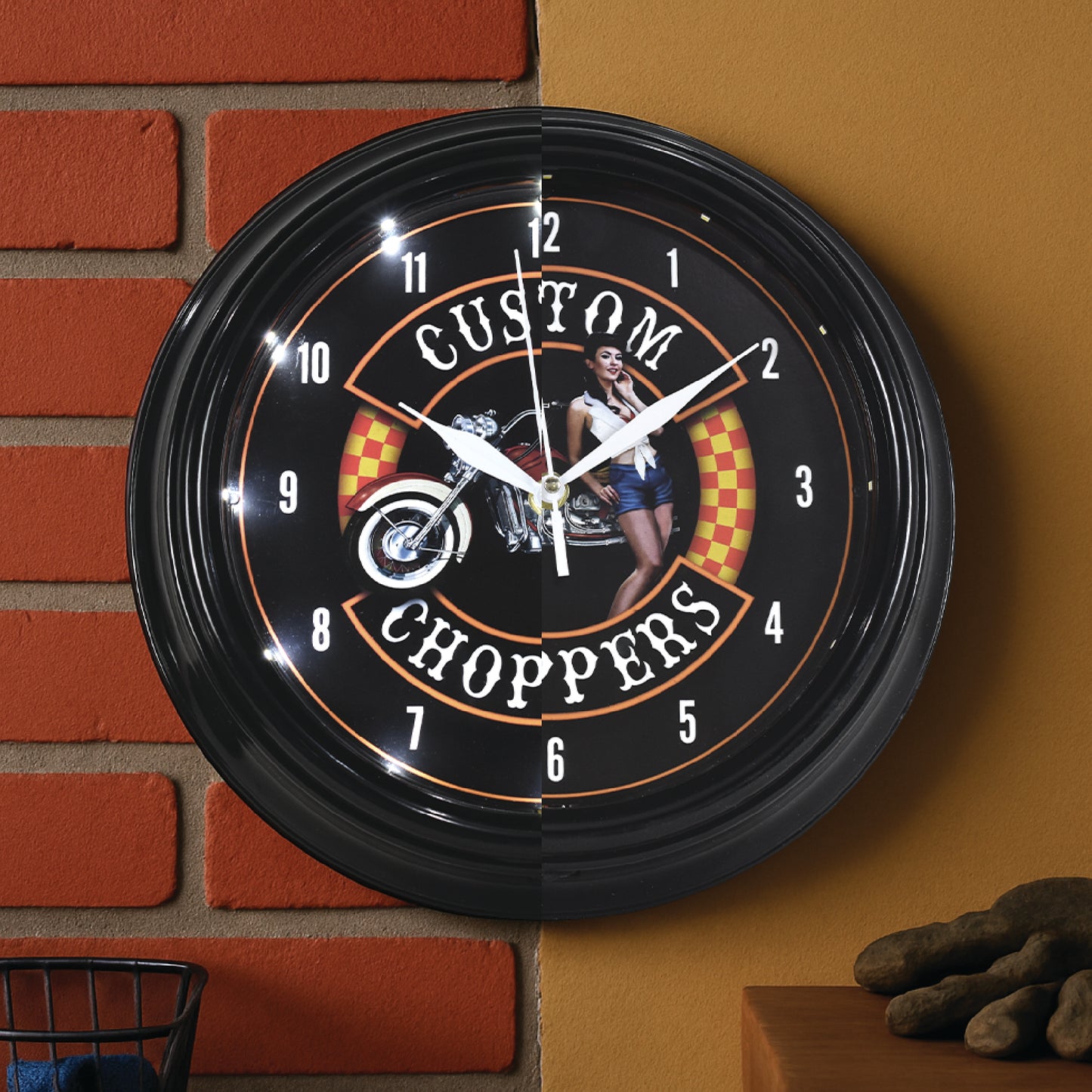 Custom Choppers Pin-Up Girl LED Wall Clock - Motorcycle Decor 12"