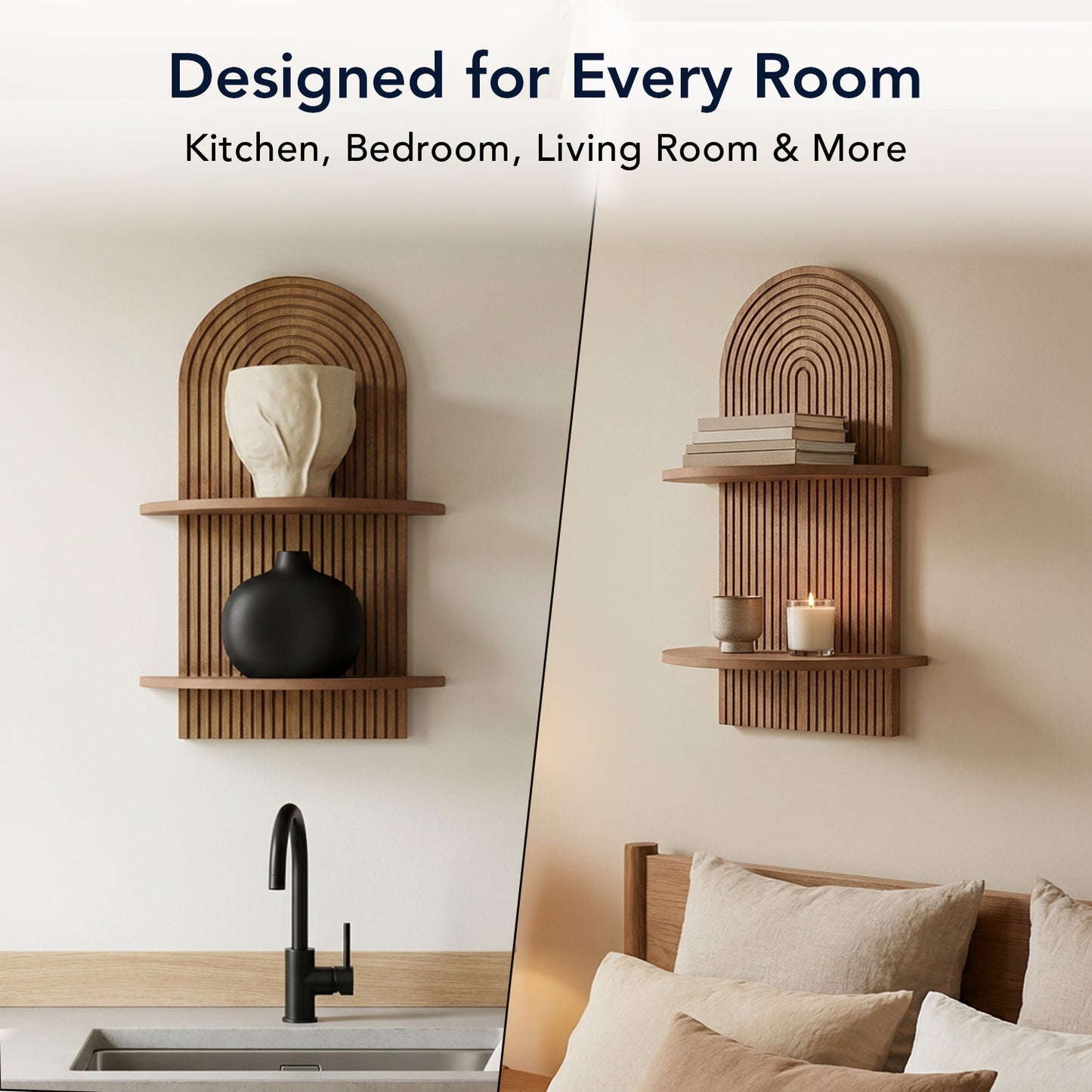 Dark Walnut Boho Arched Lunar Ledges 2-Tier Floating Wall Shelf