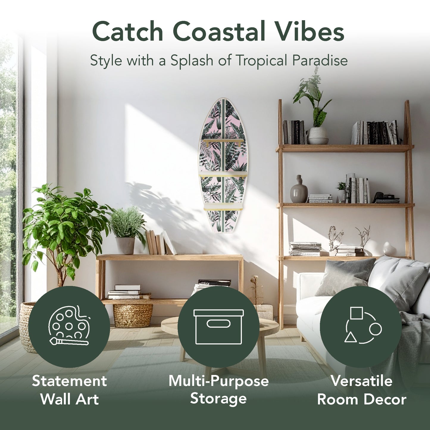 Tropical Palm Leaves Surfboard Wall Shelf - Pink and Green