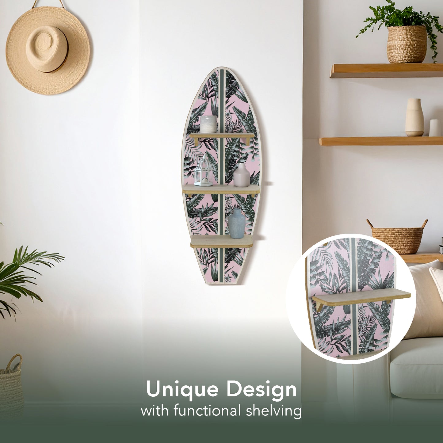 Tropical Palm Leaves Surfboard Wall Shelf - Pink and Green