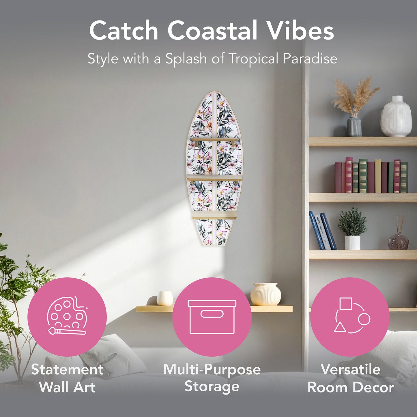 Tropical Surfboard Wall Shelf with Flowers and Palm Leaves