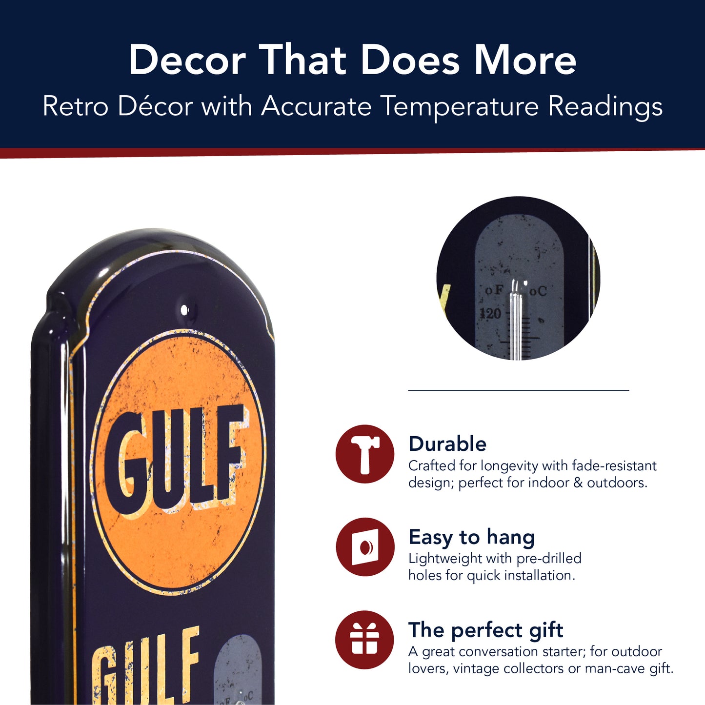 Gulf Vintage Thermometer - Indoor/Outdoor Retro Sign