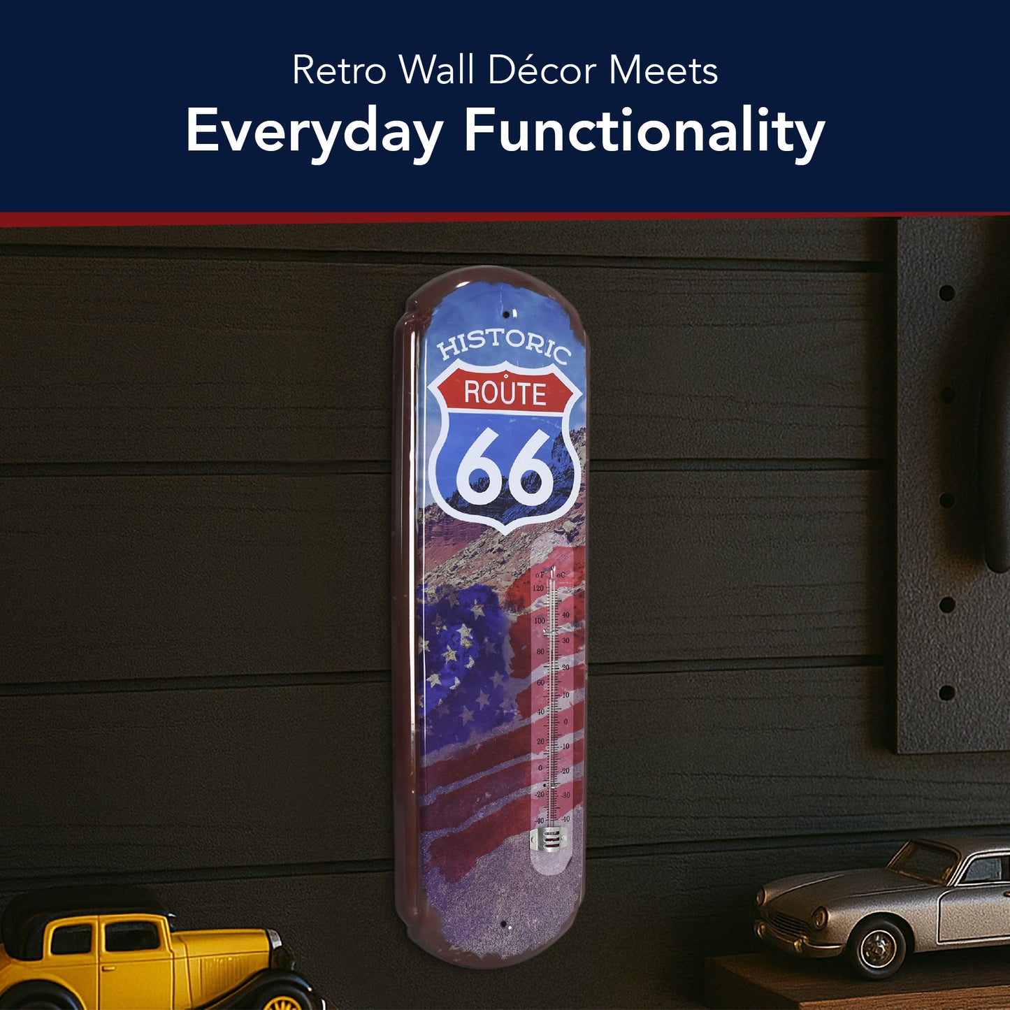 Route 66 Vintage Thermometer Metal Wall Sign - Indoor/Outdoor