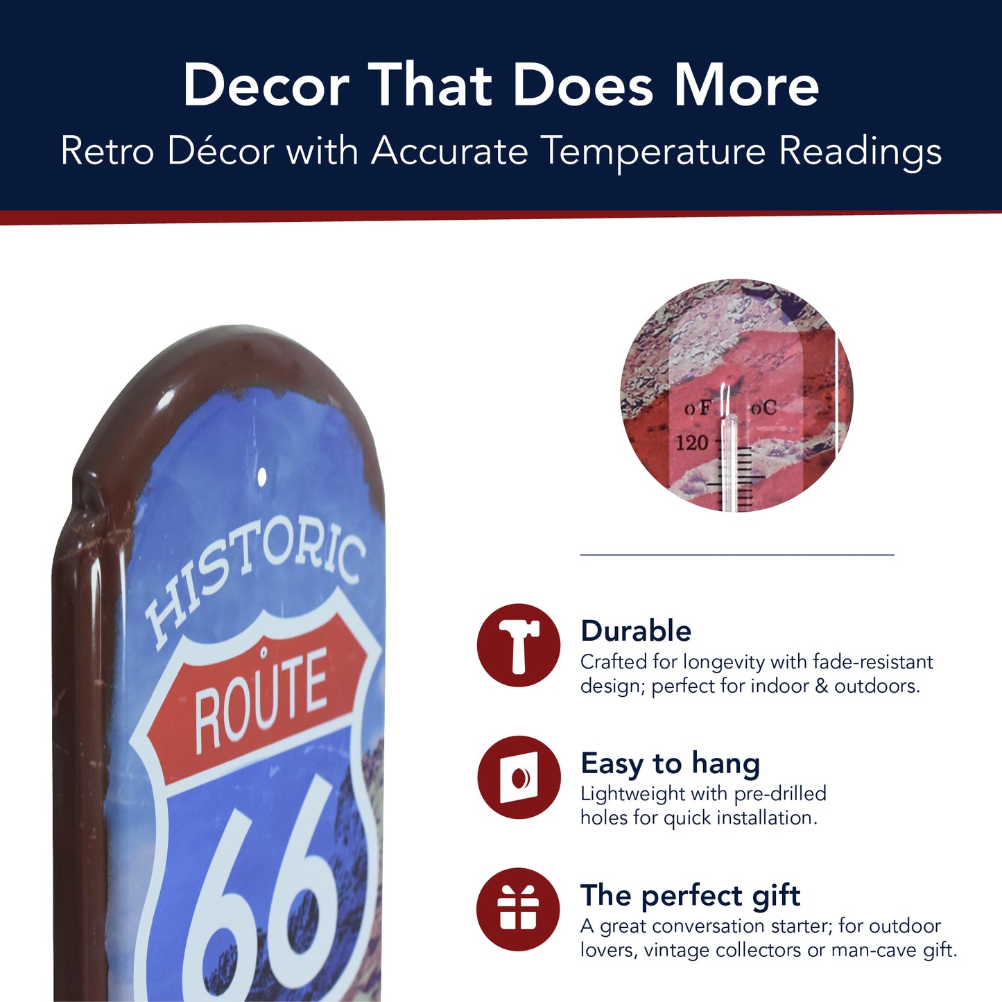 Route 66 Vintage Thermometer Metal Wall Sign - Indoor/Outdoor