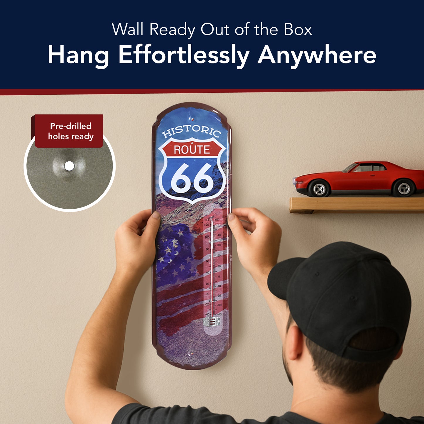 Route 66 Vintage Thermometer Metal Wall Sign - Indoor/Outdoor
