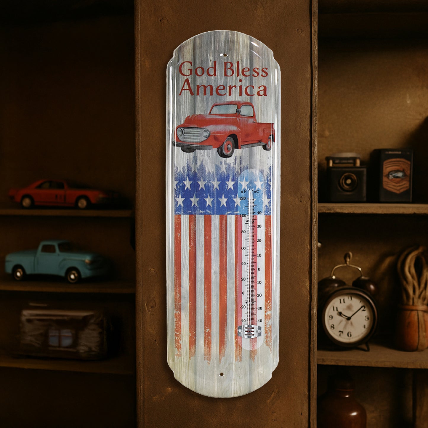 God Bless America Vintage Thermometer Wall Sign with Red Truck & Flag