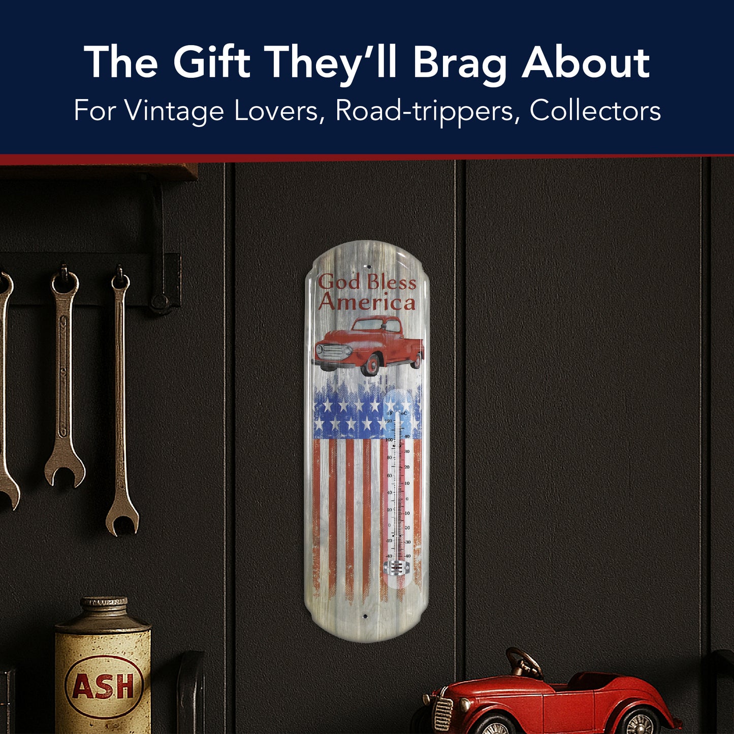 God Bless America Vintage Thermometer Wall Sign with Red Truck & Flag