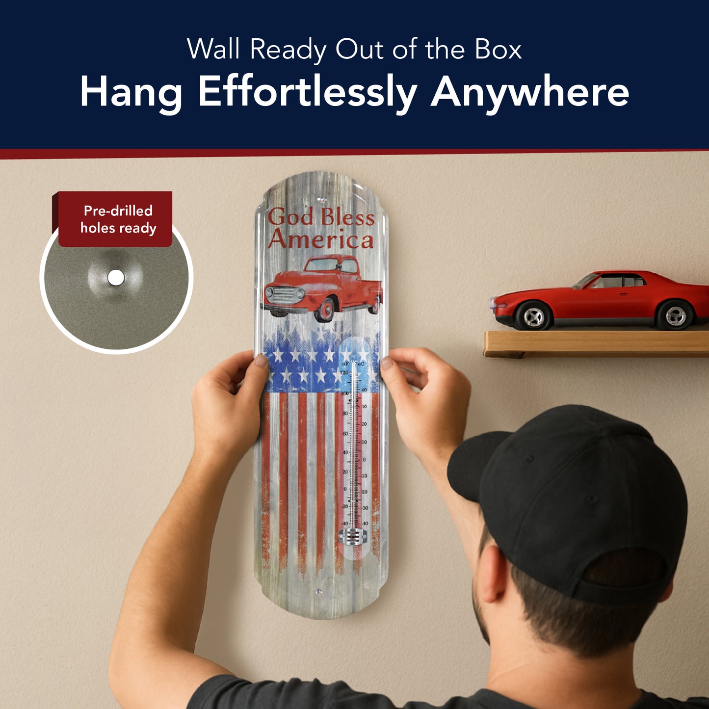 God Bless America Vintage Thermometer Wall Sign with Red Truck & Flag