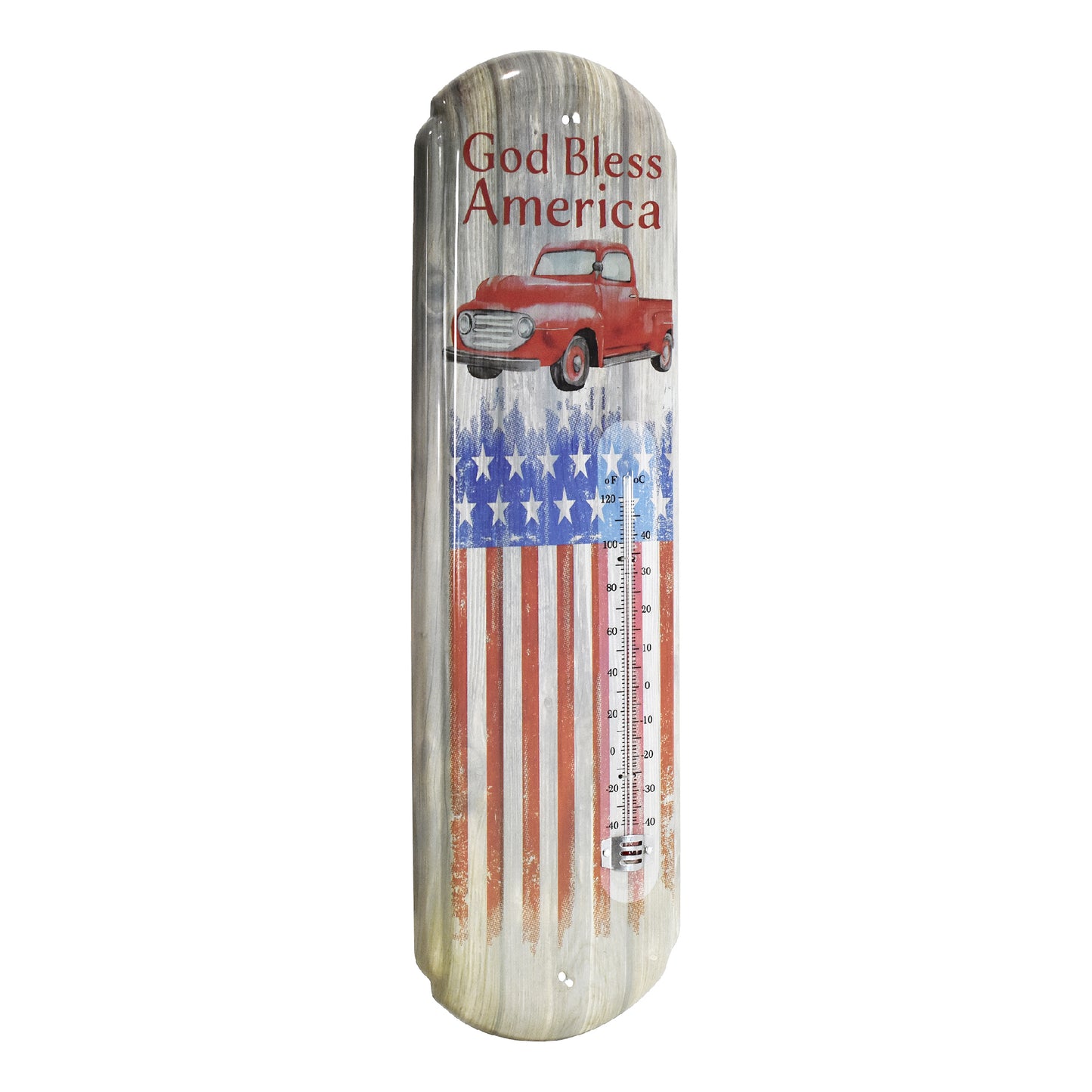 God Bless America Vintage Thermometer Wall Sign with Red Truck & Flag