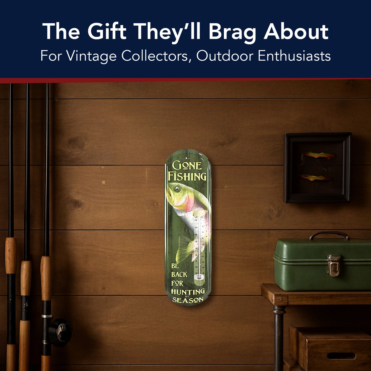 Gone Fishing Vintage Thermometer Sign - Indoor/Outdoor Rustic Wall Decor