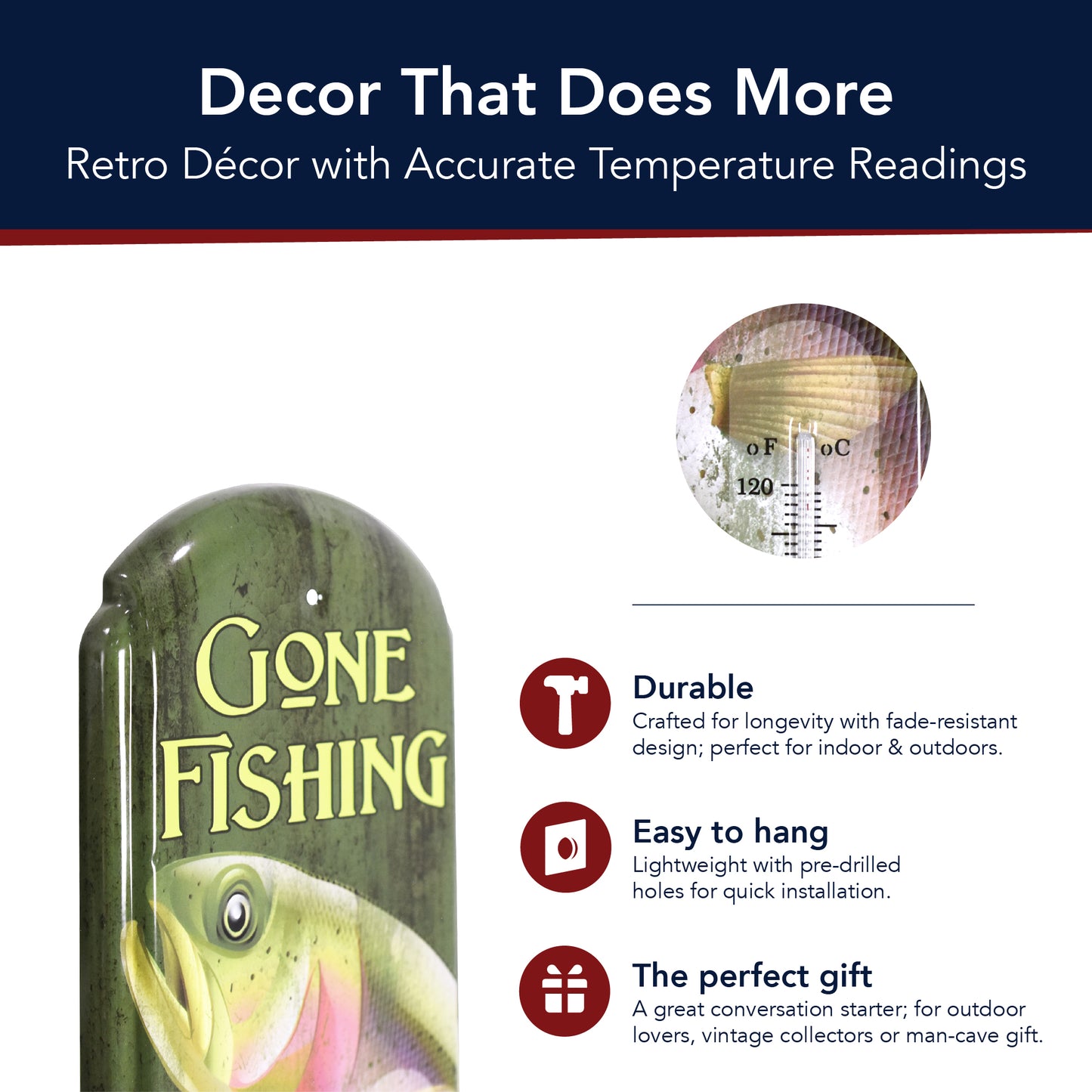 Gone Fishing Vintage Thermometer Sign - Indoor/Outdoor Rustic Wall Decor