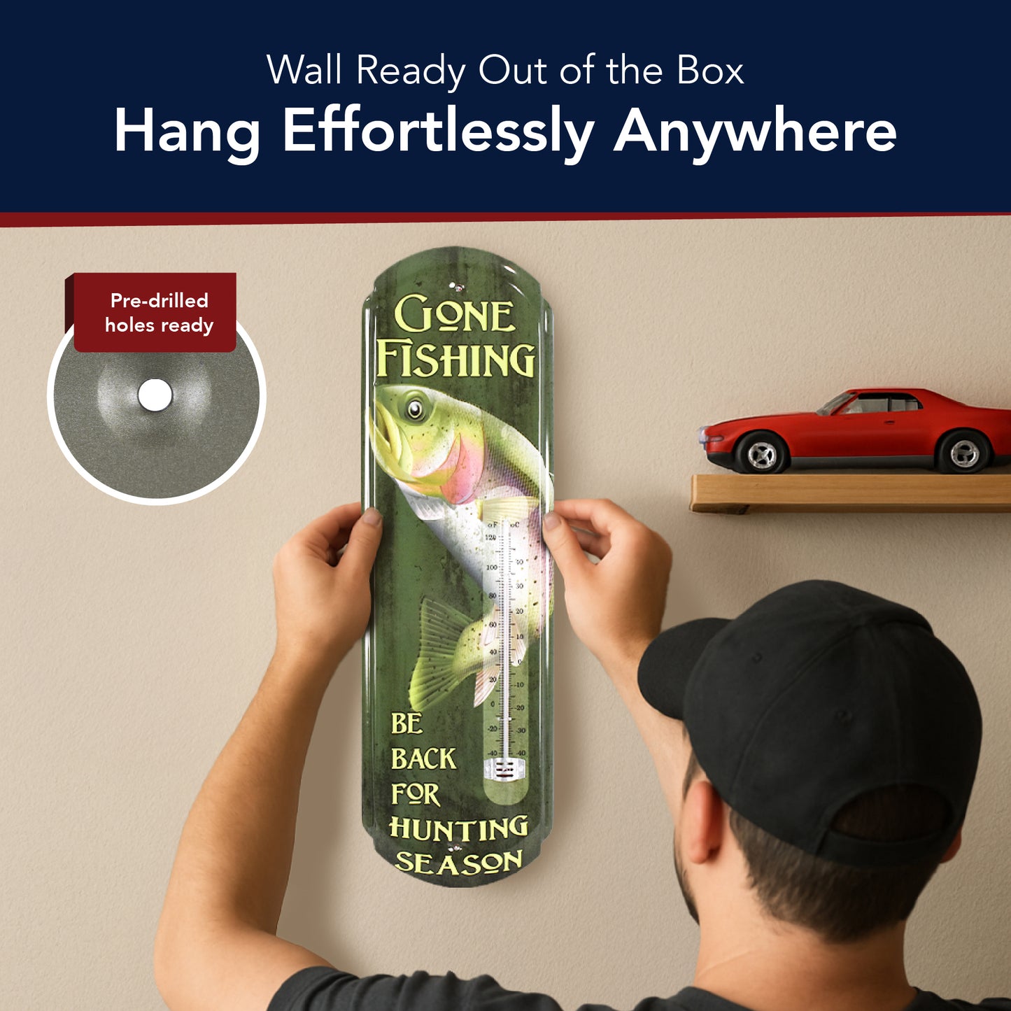 Gone Fishing Vintage Thermometer Sign - Indoor/Outdoor Rustic Wall Decor