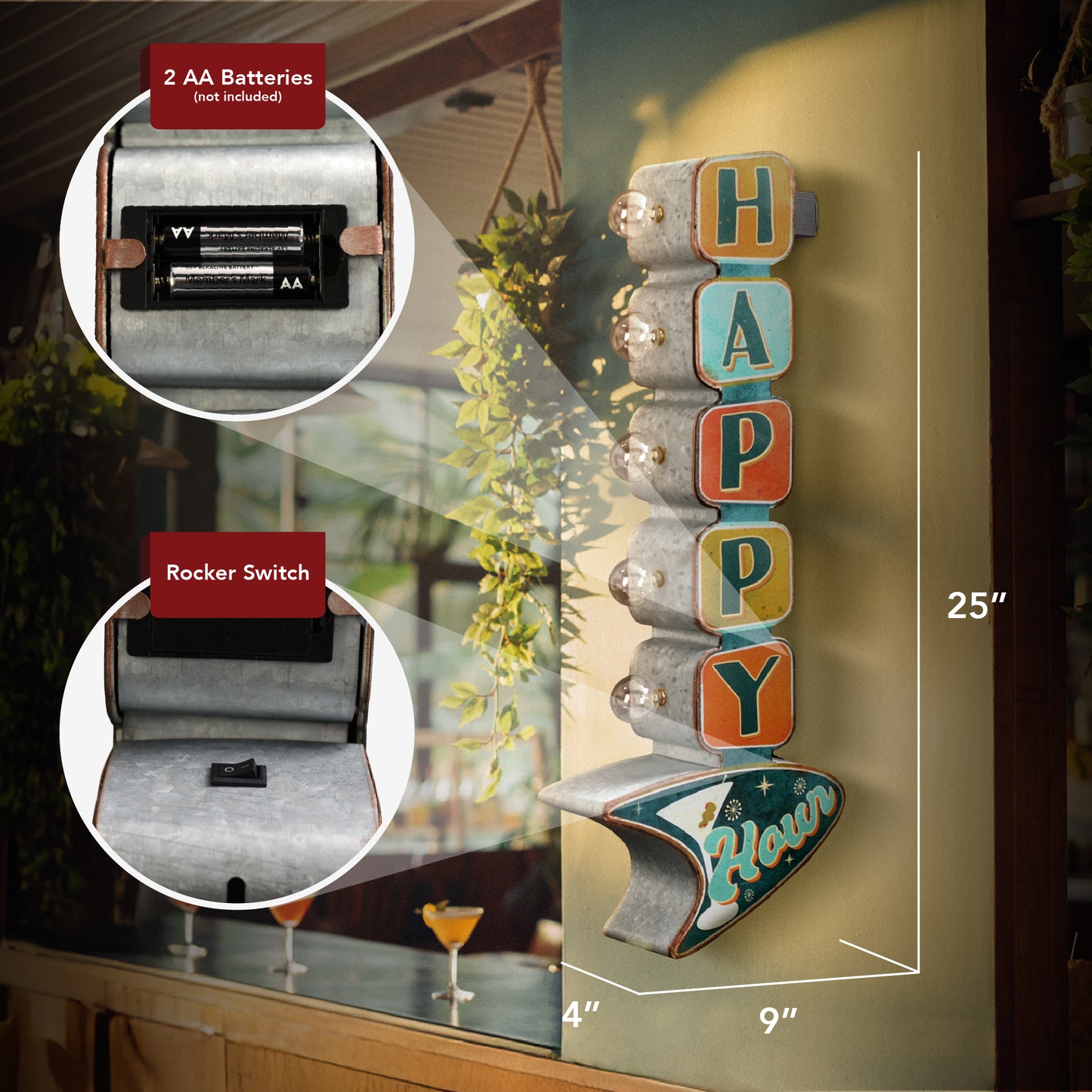 'Happy Hour' LED Metal Sign - Retro Marquee Wall Decor