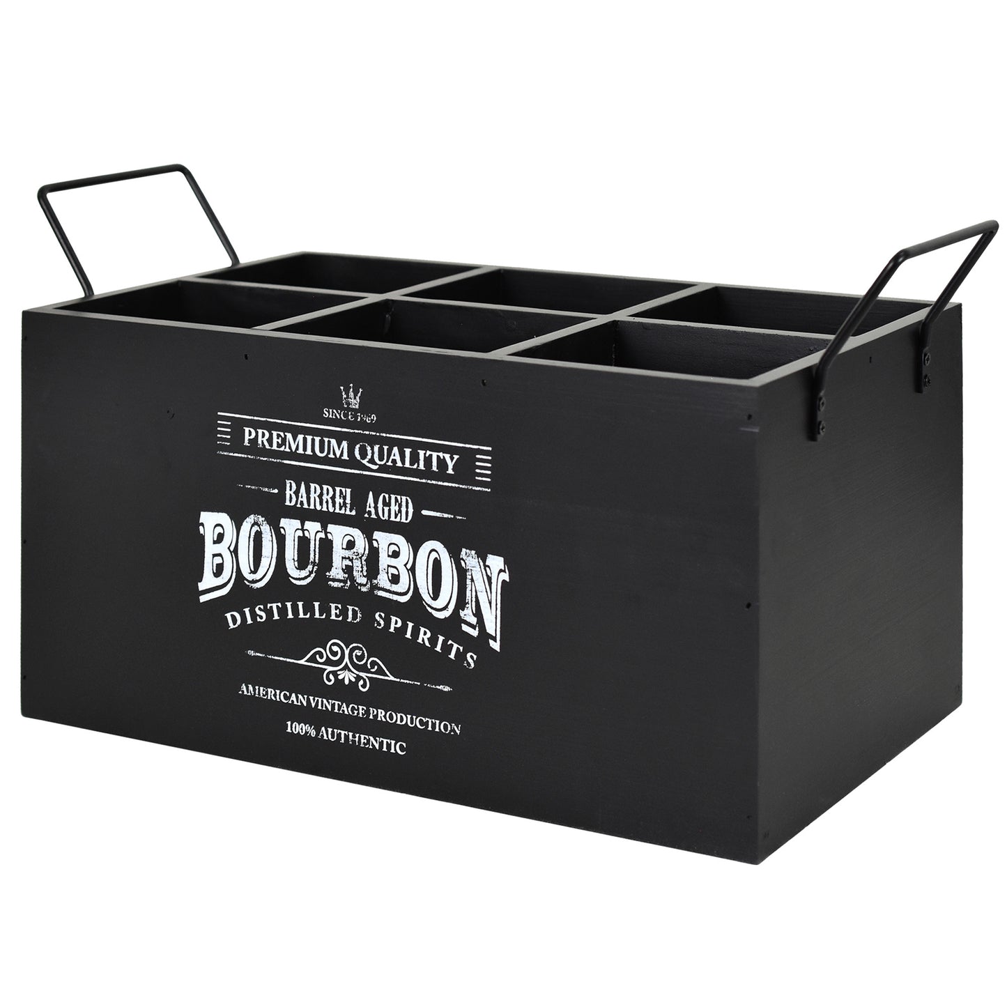 The Bourbon Bar 6-Bottle Wood Crate with Metal Handles - 7" H x 14" L x 8" D