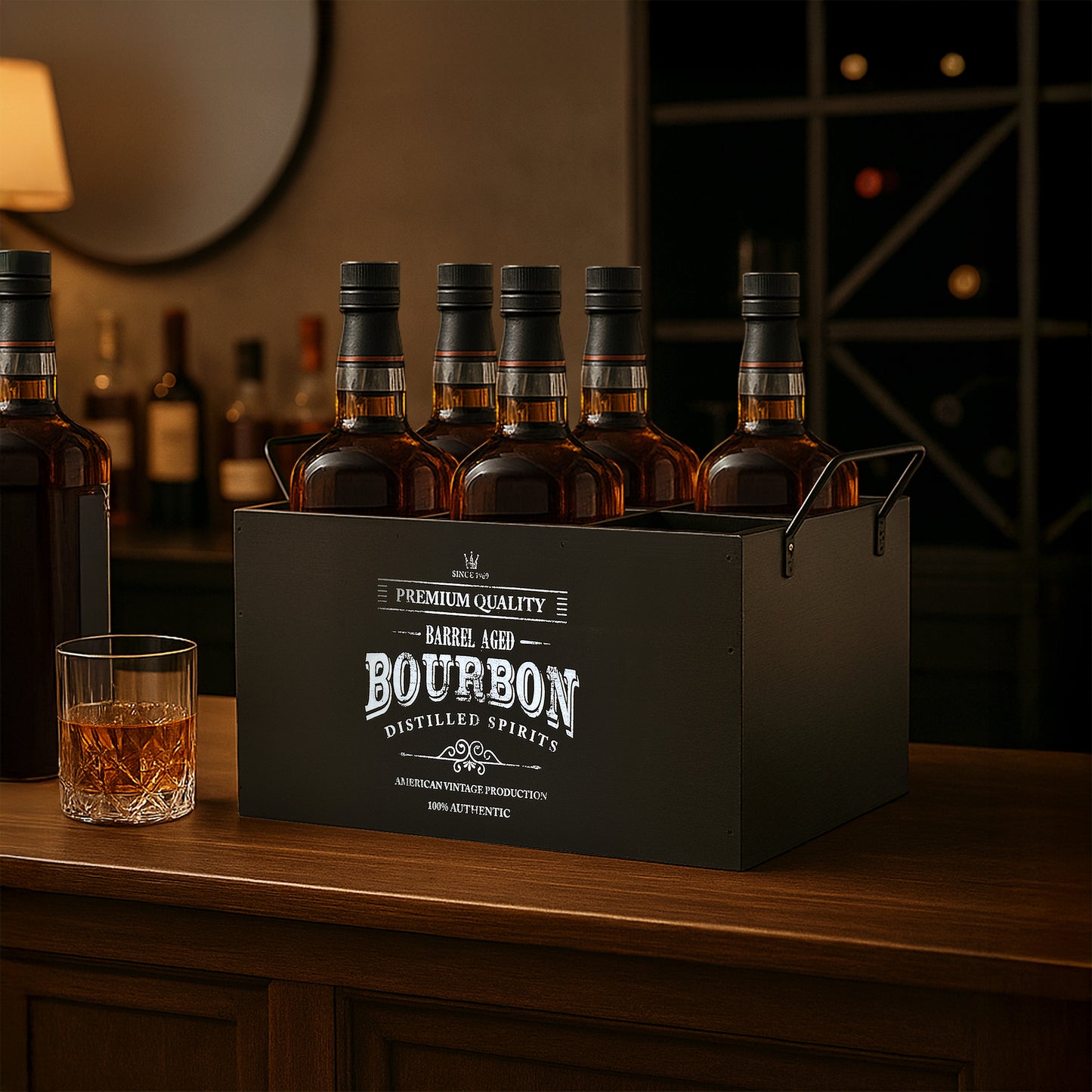 The Bourbon Bar 6-Bottle Wood Crate with Metal Handles - 7" H x 14" L x 8" D