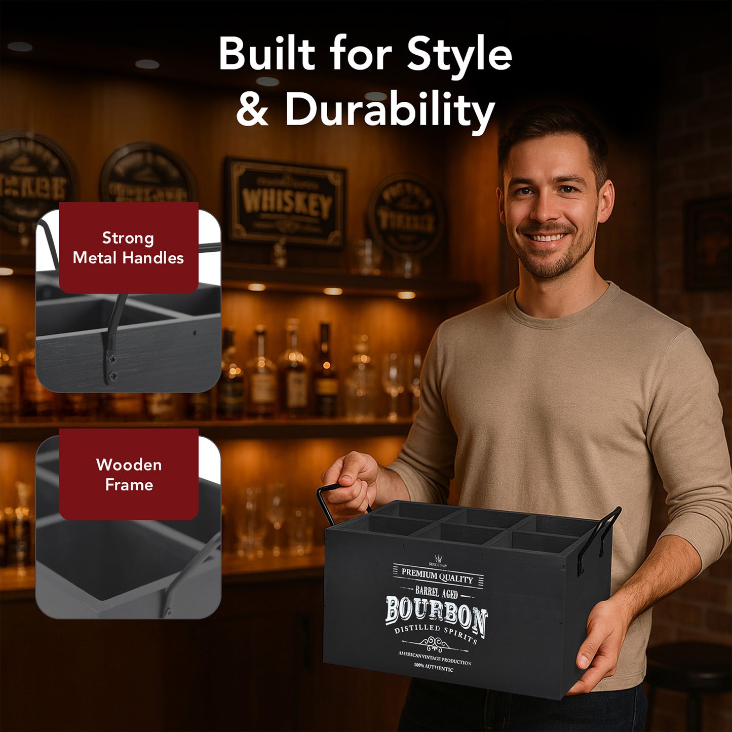 The Bourbon Bar 6-Bottle Wood Crate with Metal Handles - 7" H x 14" L x 8" D
