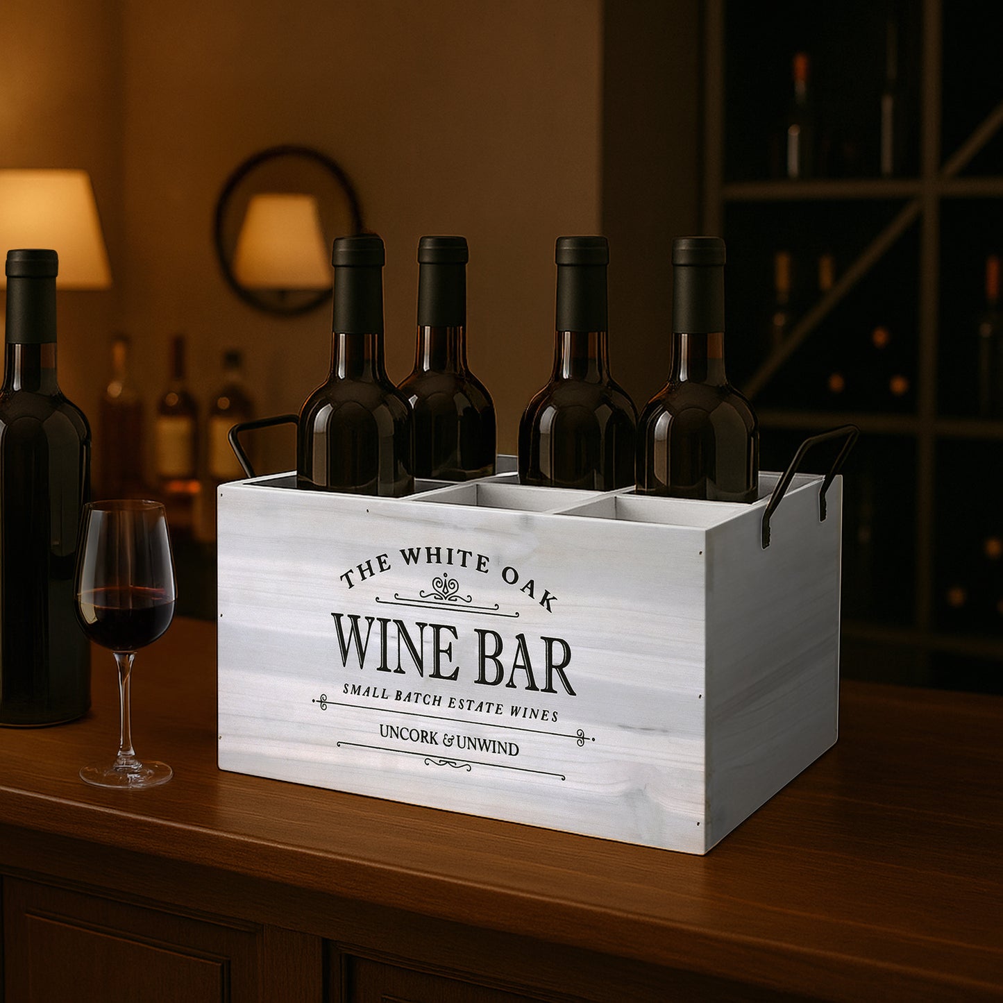The Wine Bar 6-Bottle Wood Crate with Metal Handles - 7" H x 14" L x 8" D