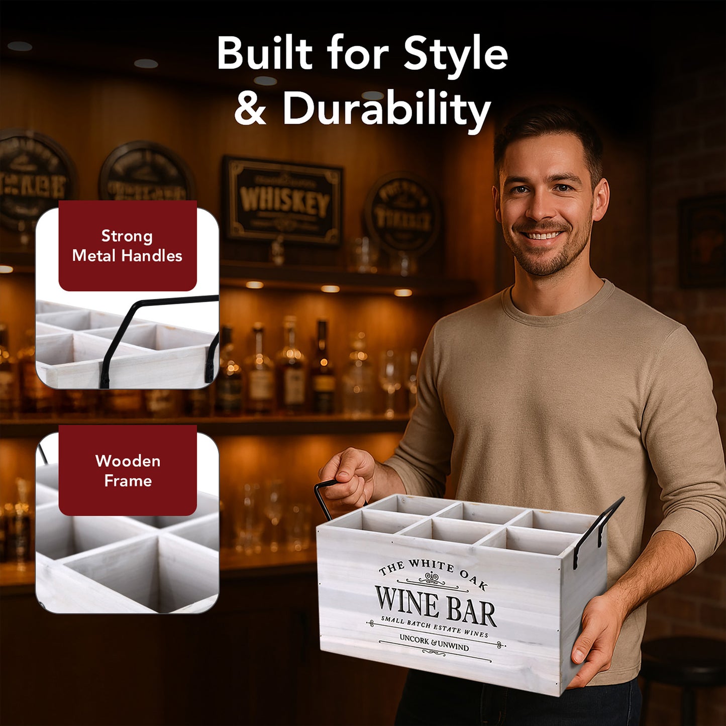 The Wine Bar 6-Bottle Wood Crate with Metal Handles - 7" H x 14" L x 8" D