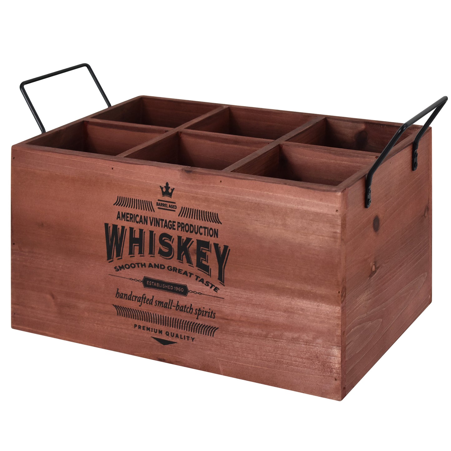 The Whiskey Bar 6-Bottle Wood Crate with Metal Handles - 7" H x 14" L x 8" D