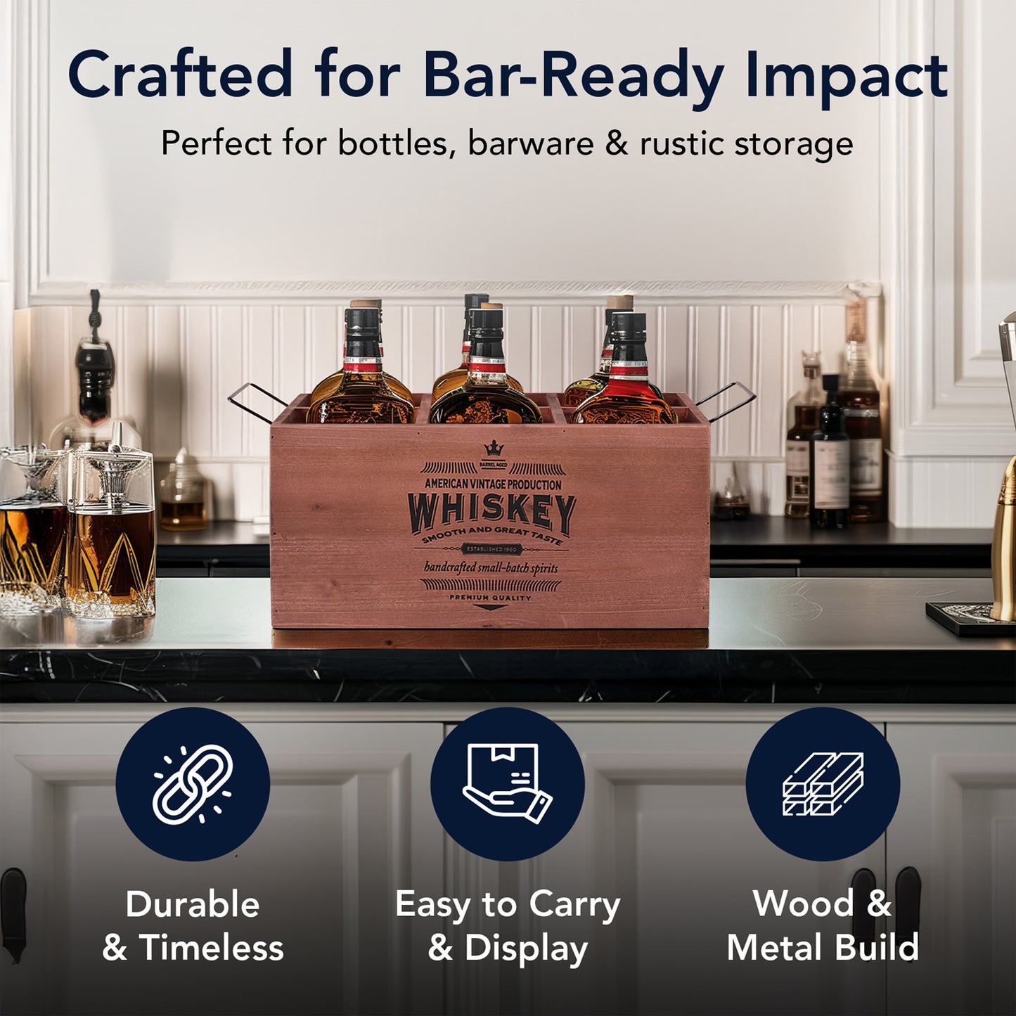 The Whiskey Bar 6-Bottle Wood Crate with Metal Handles - 7" H x 14" L x 8" D