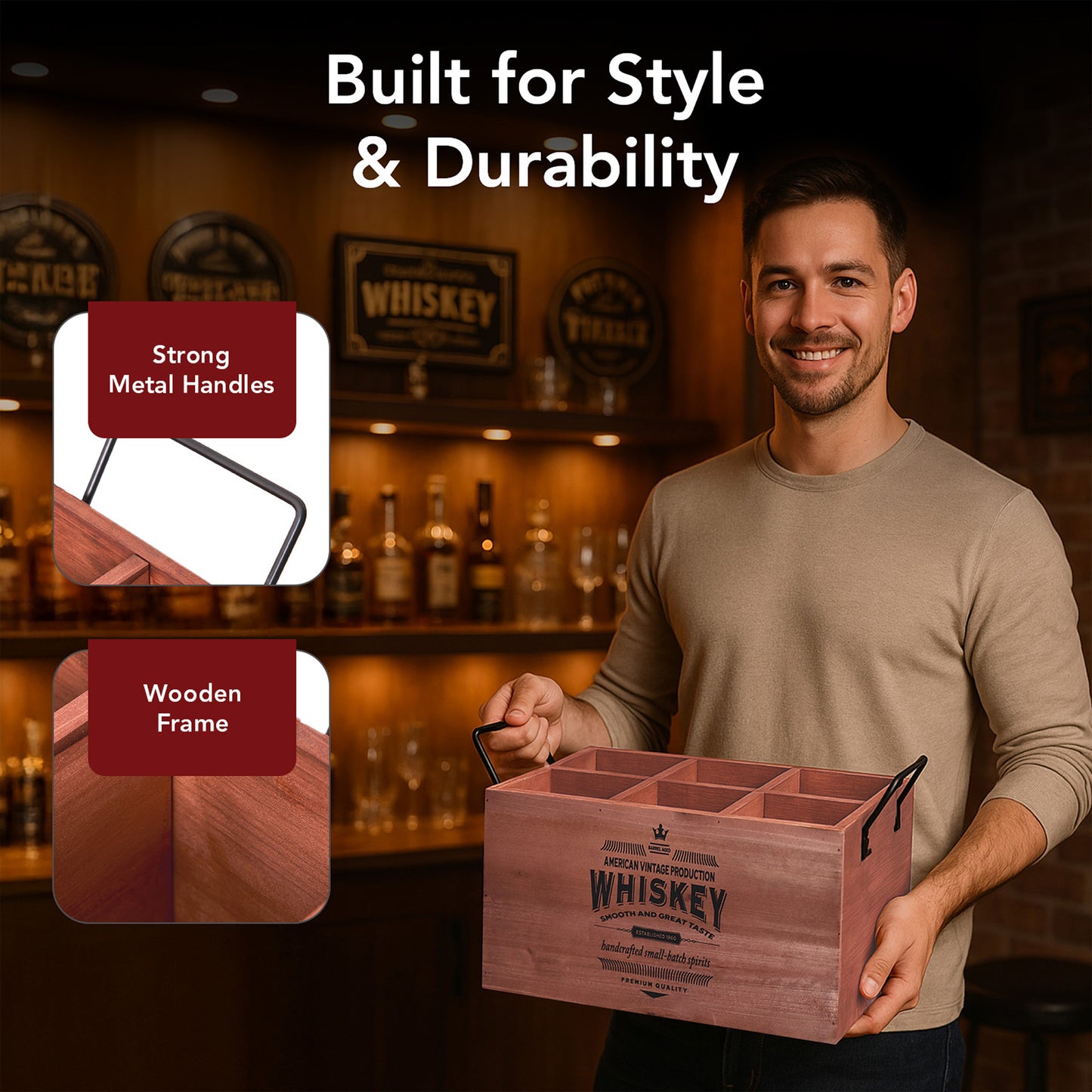 The Whiskey Bar 6-Bottle Wood Crate with Metal Handles - 7" H x 14" L x 8" D