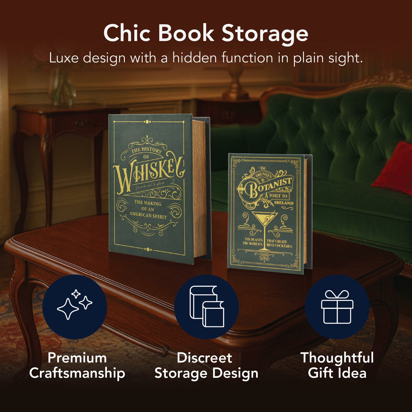 Whiskey & Cocktail Themes Vintage Faux Leather Book Box Set