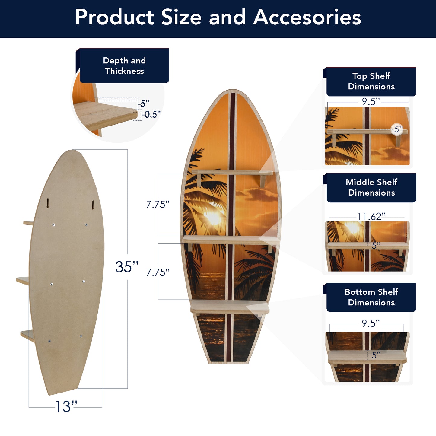 Hawaiian Sunset Surfboard Wall Shelf - Tropical Wall Decor