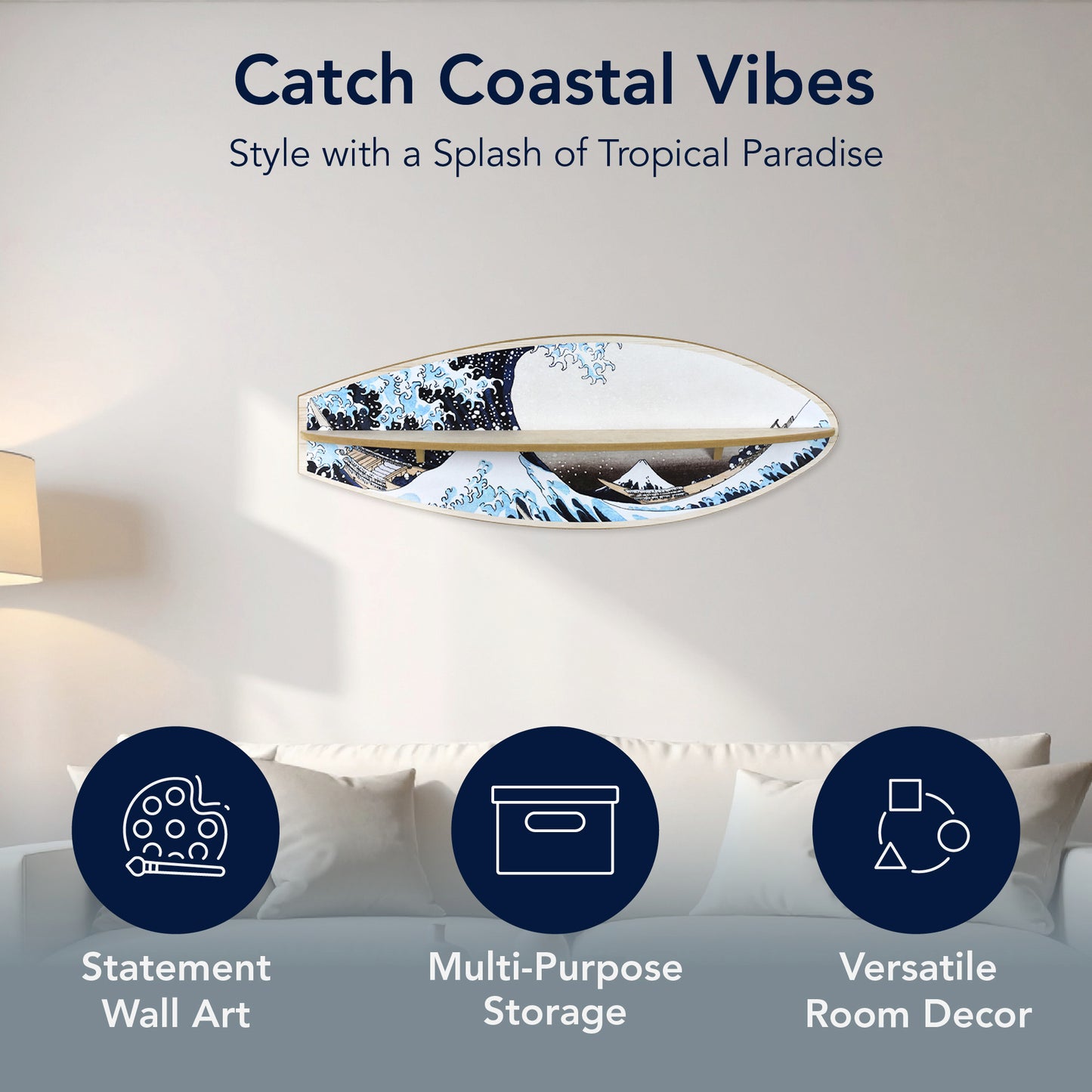 Great Wave Surfboard Wall Shelf - Japanese Coastal Art Decor