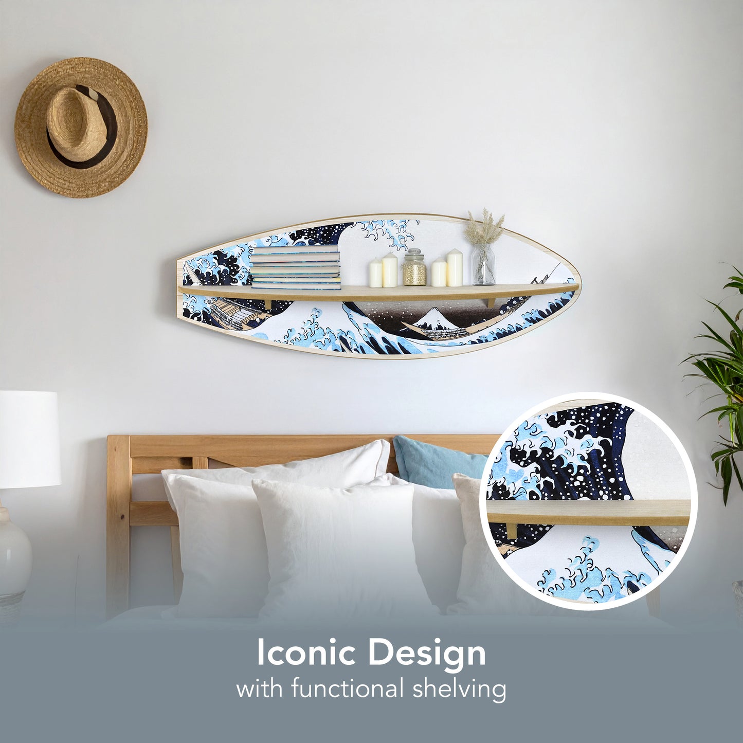 Great Wave Surfboard Wall Shelf - Japanese Coastal Art Decor