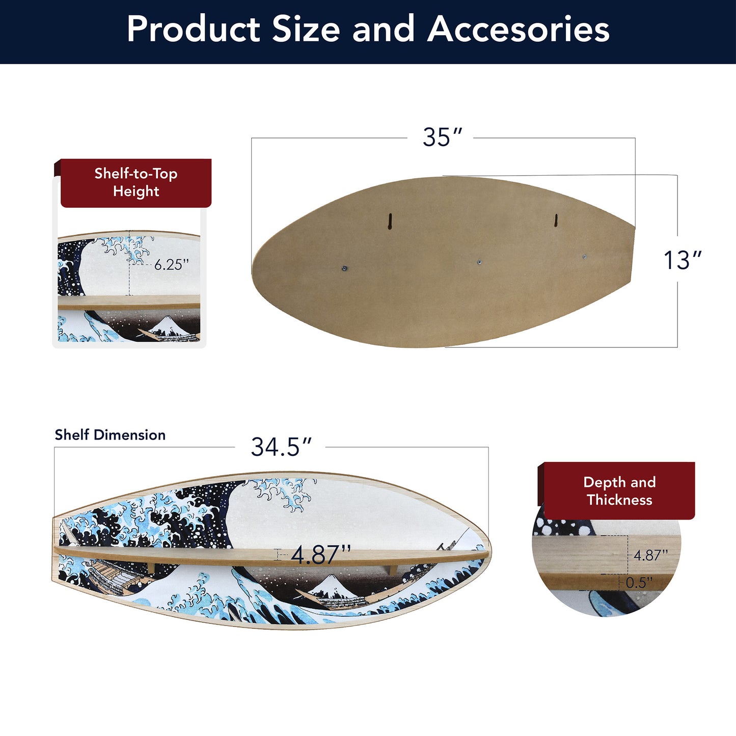 Great Wave Surfboard Wall Shelf - Japanese Coastal Art Decor