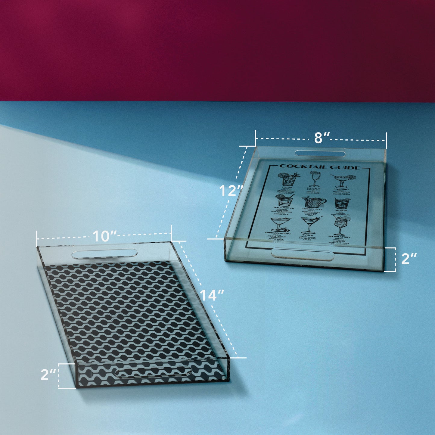 2-pc Acrylic Serving Tray Set with Handles - Cocktail Guide & Retro