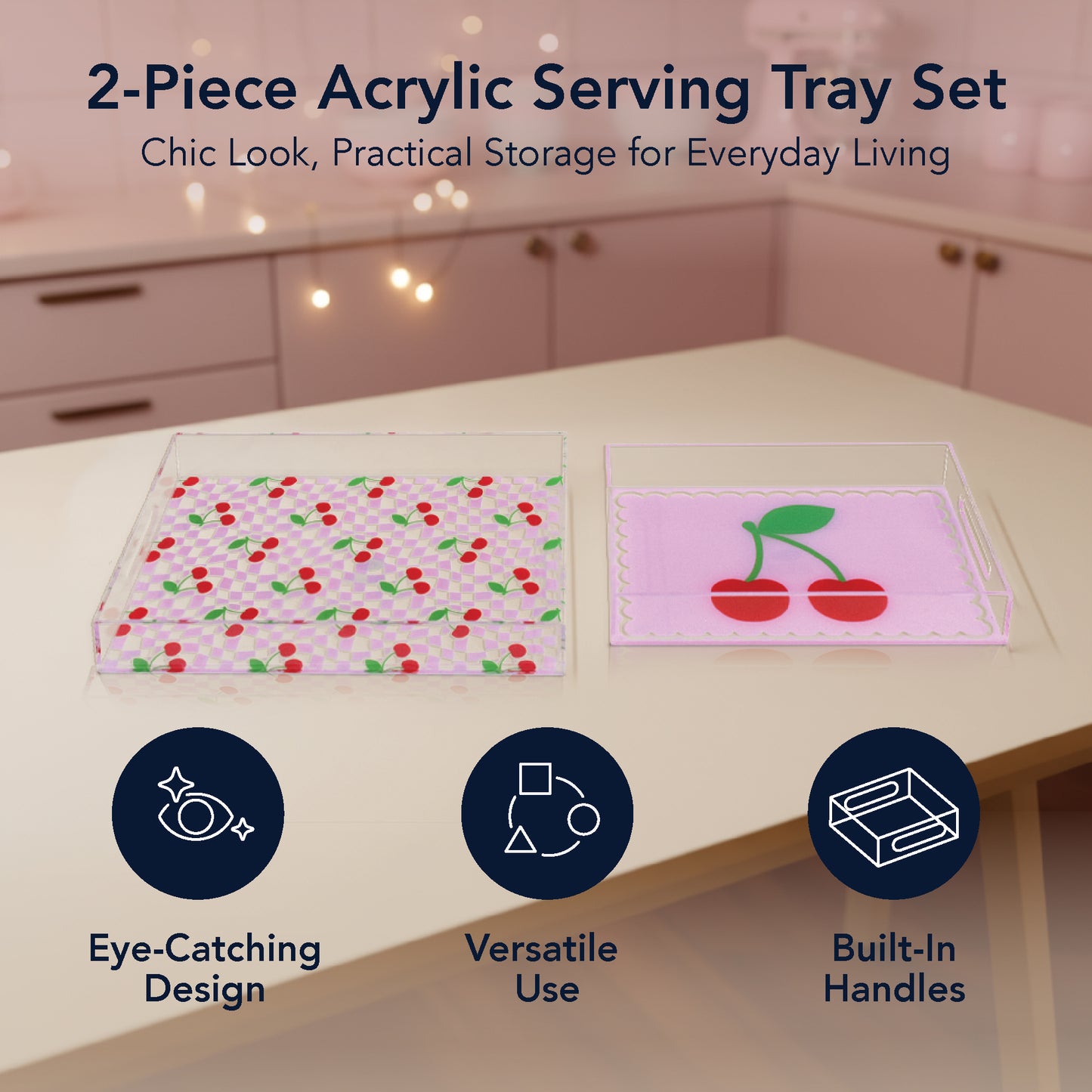 2-pc Acrylic Cherry & Pink Serving Trays with Handles - Decorative Set
