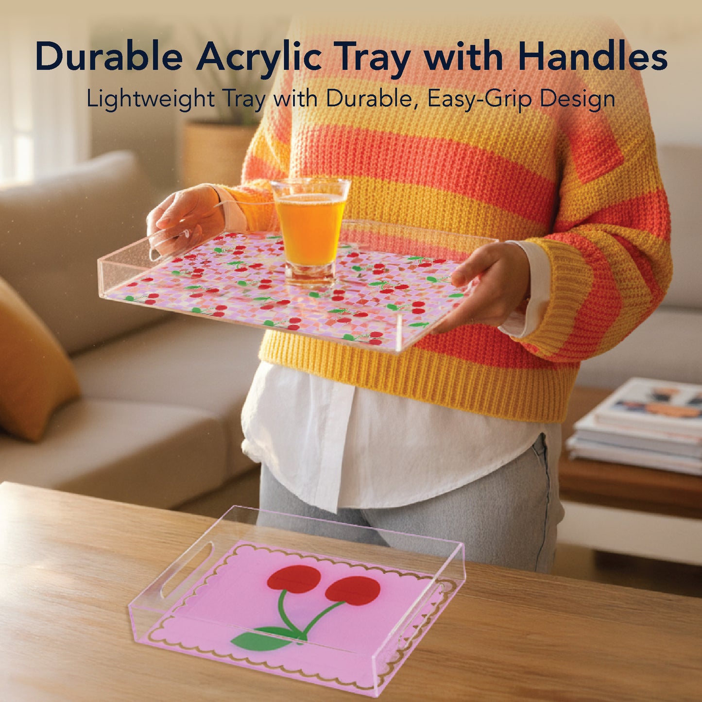 2-pc Acrylic Cherry & Pink Serving Trays with Handles - Decorative Set